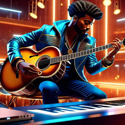 Illustration of a musician playing guitar with a tech background