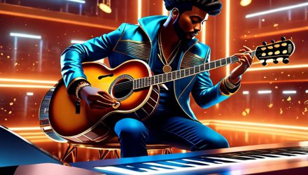 Illustration of a musician playing guitar with a tech background