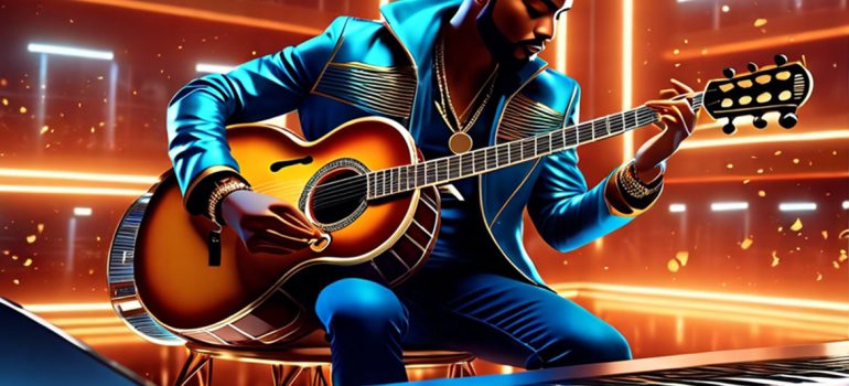 Illustration of a musician playing guitar with a tech background