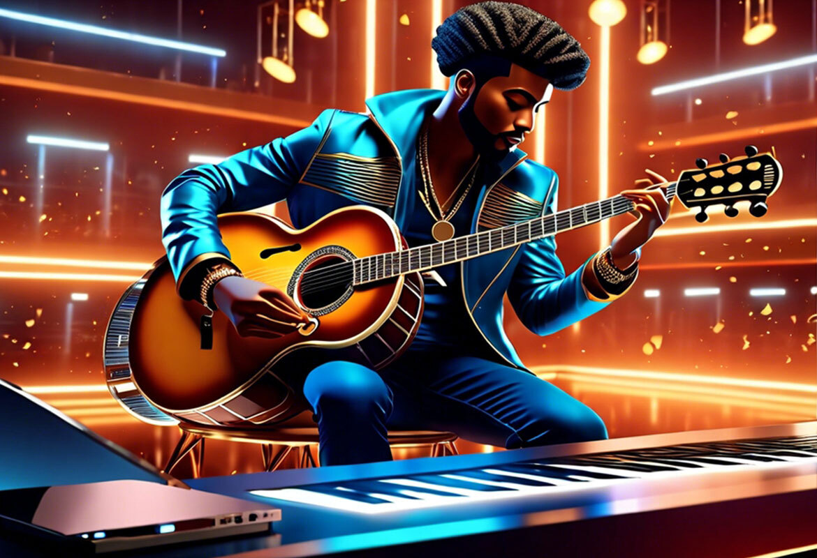 Illustration of a musician playing guitar with a tech background